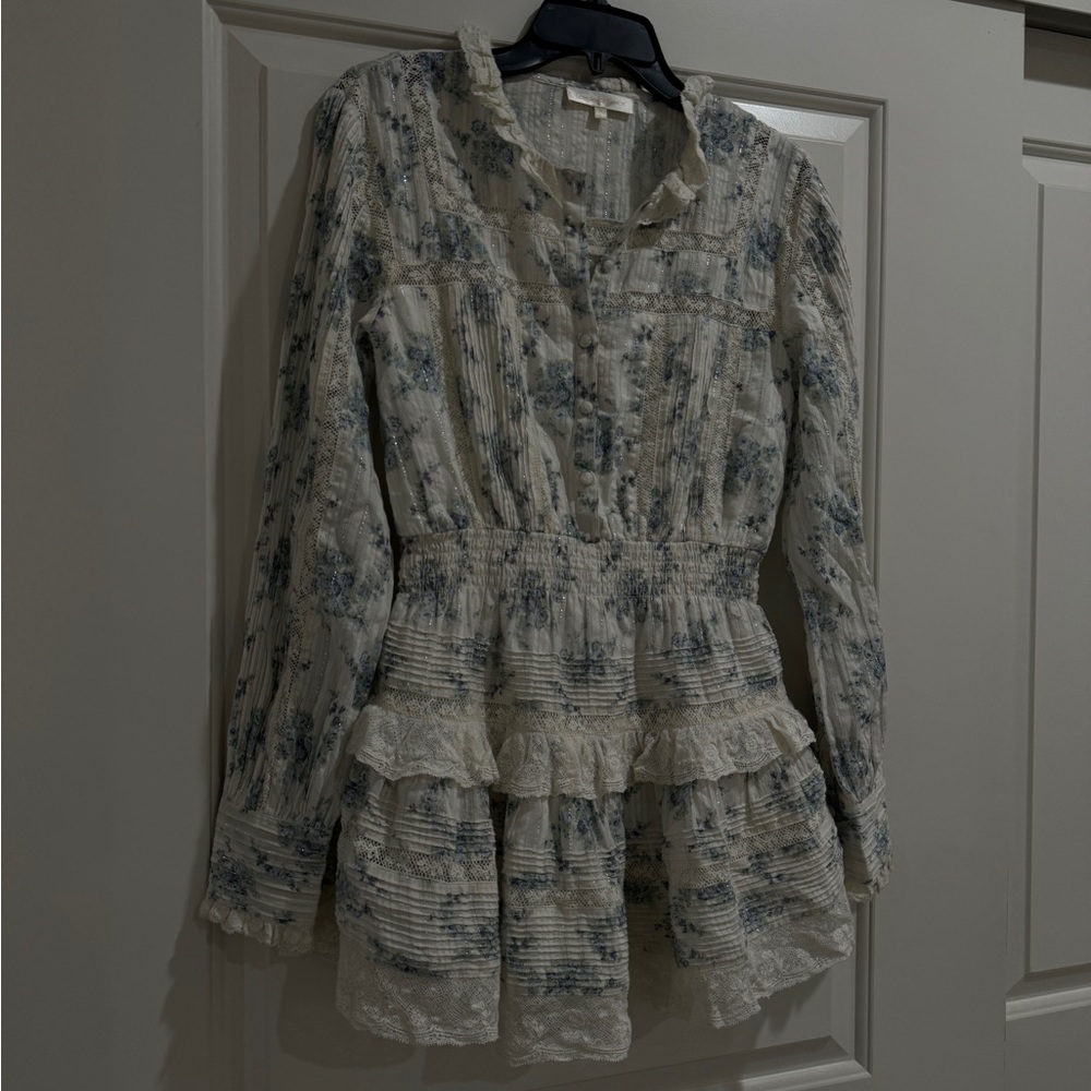 LoveShackFancy Blue and Cream Mini Dress